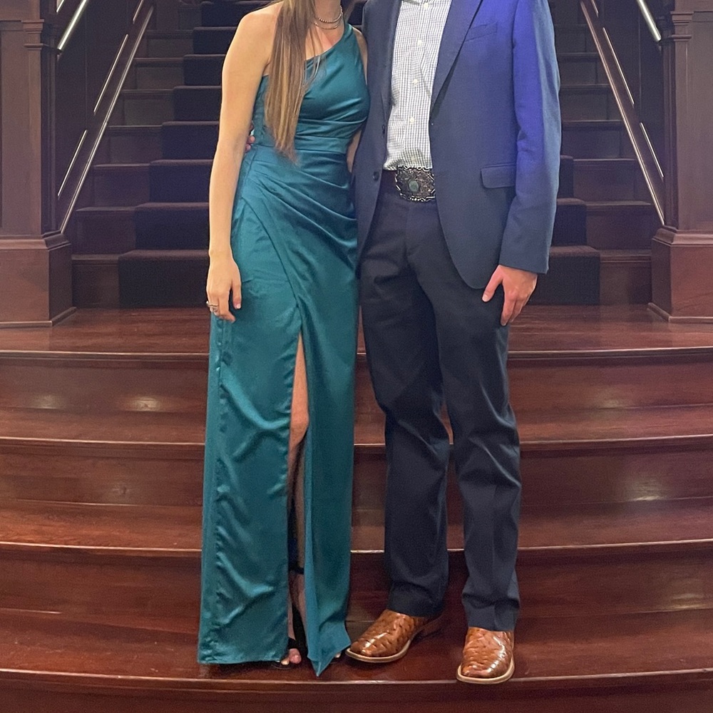 Lulu’s teal, one shoulder, satin wedding guest dress